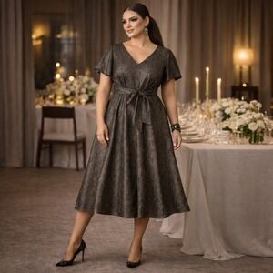 Lane Bryant BlK/Gold Metallic Belted Stretch Tie Waist Formal Midi Dress Sz. 18